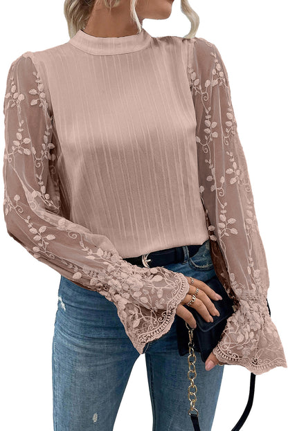 Apricot Pink Contrast Lace Sleeve Mock Neck Textured Blouse