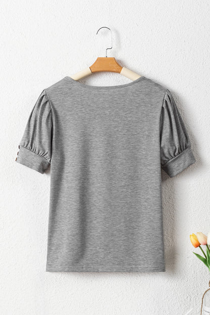 Light Grey Pleated Puff Sleeve Knit Tee