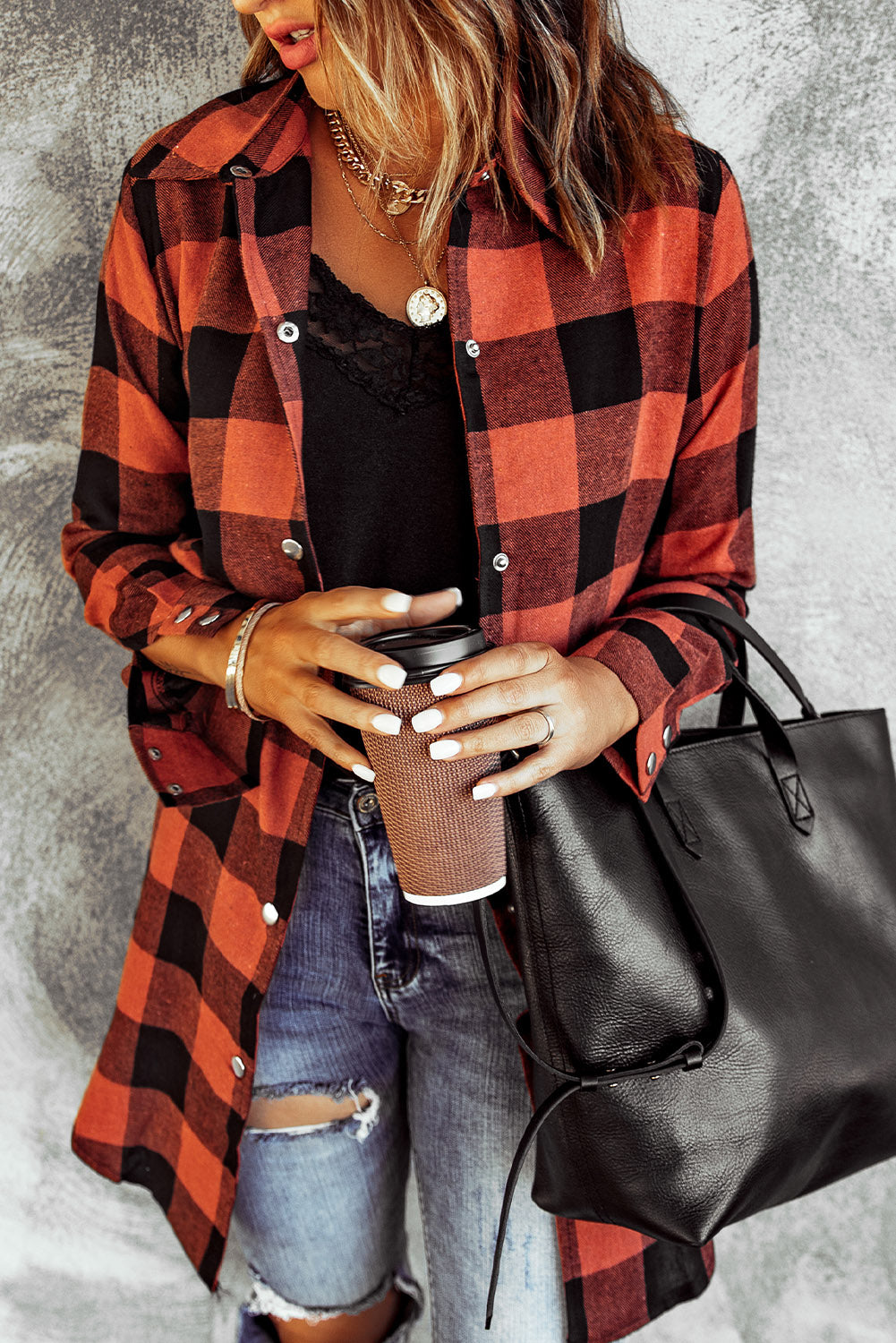 Green Turn-down Collar Plaid Shirt Coat