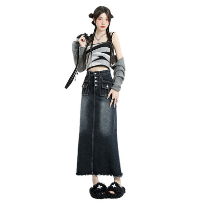 Women's Fur Edge Retro Denim Skirt