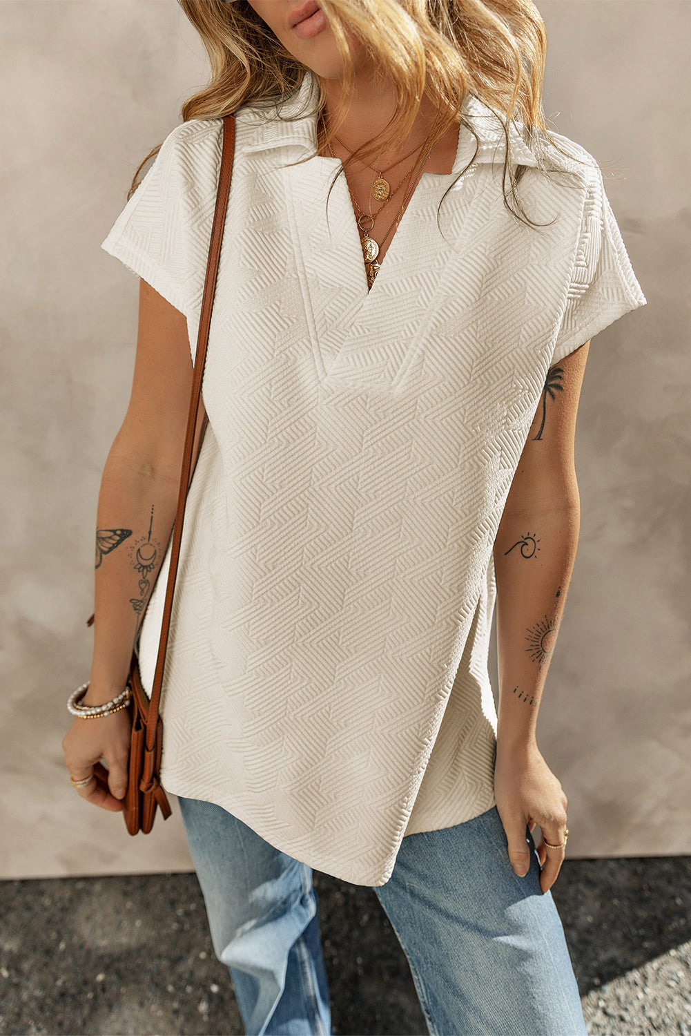 White Textured V Neck Collared Short Sleeve Top