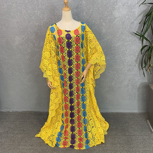 Robe ample rayée à col rond et manches longues en dentelle pour femmes