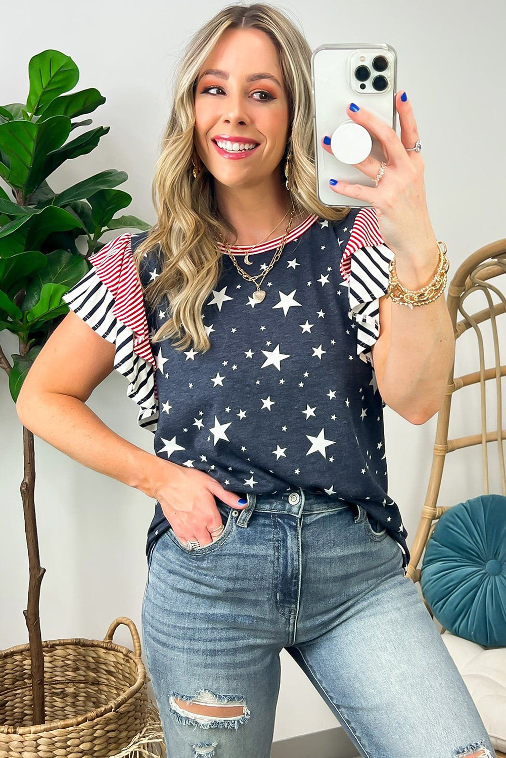 Gray Striped Ruffled Sleeve Star Print T Shirt