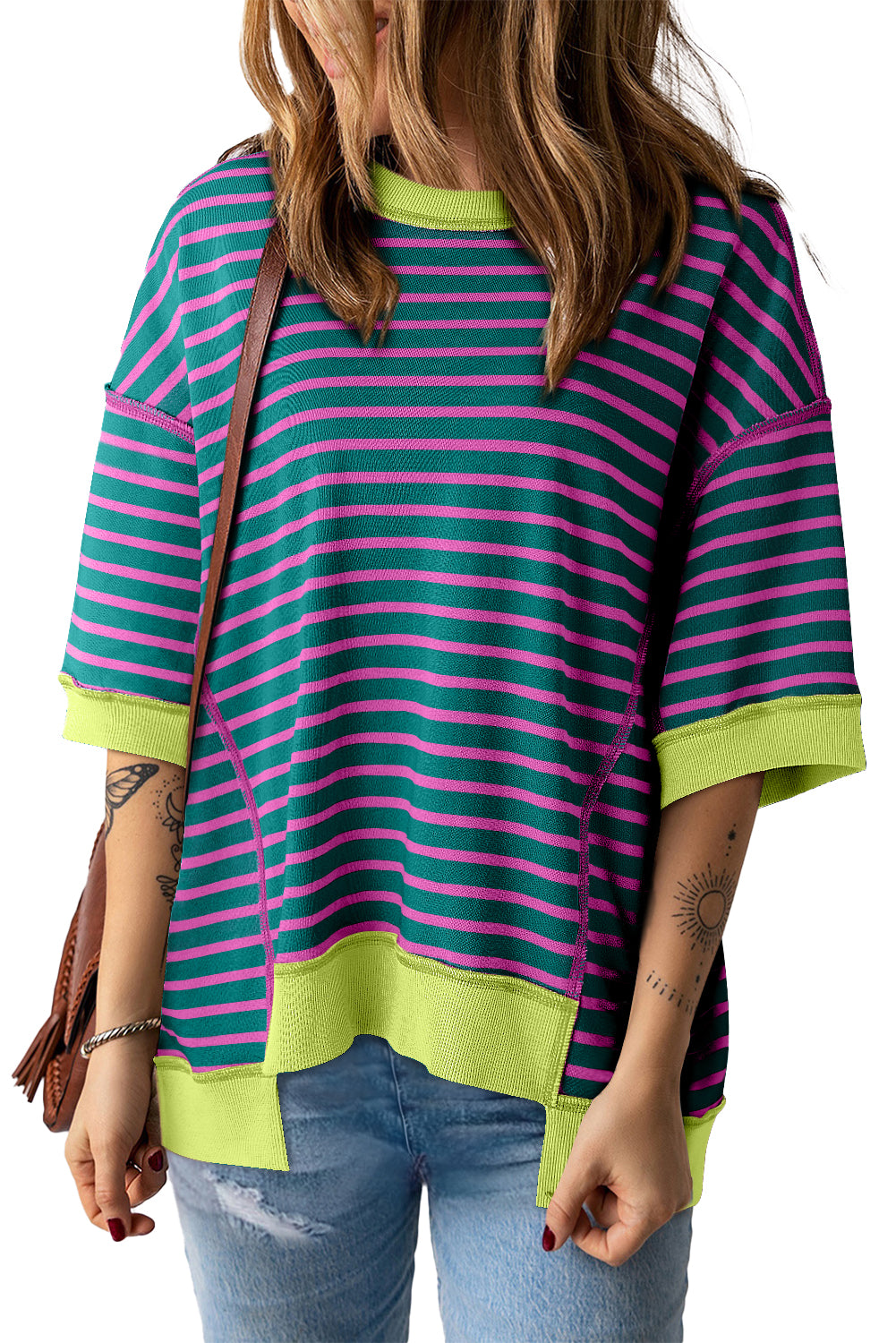 Pink Stripe Colorblock Drop Sleeve Loose Top