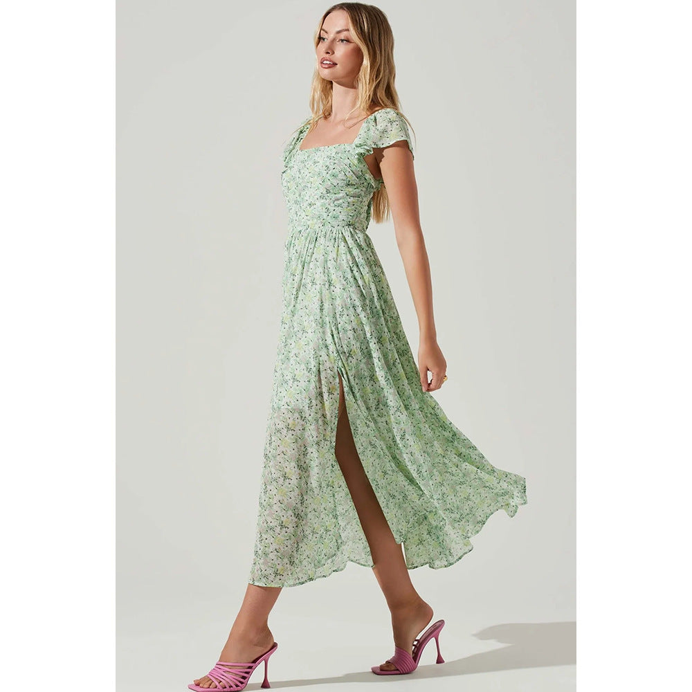 Vestido de longitud media para mujer con temperamento adelgazante y cintura temblorosa verde de moda