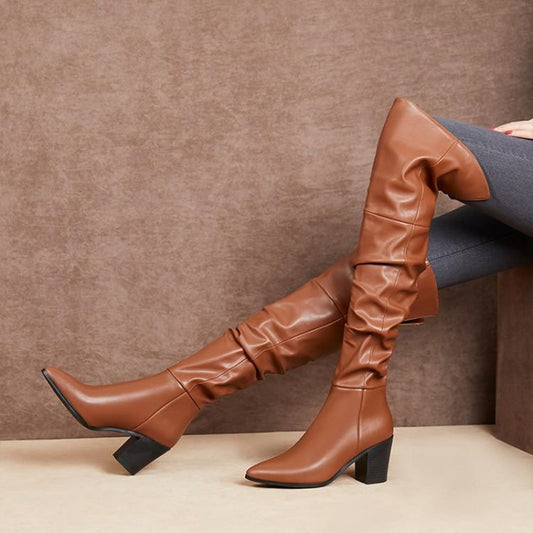 Women's Pointed Toe Thick Heel Leather Over The Knee Boots