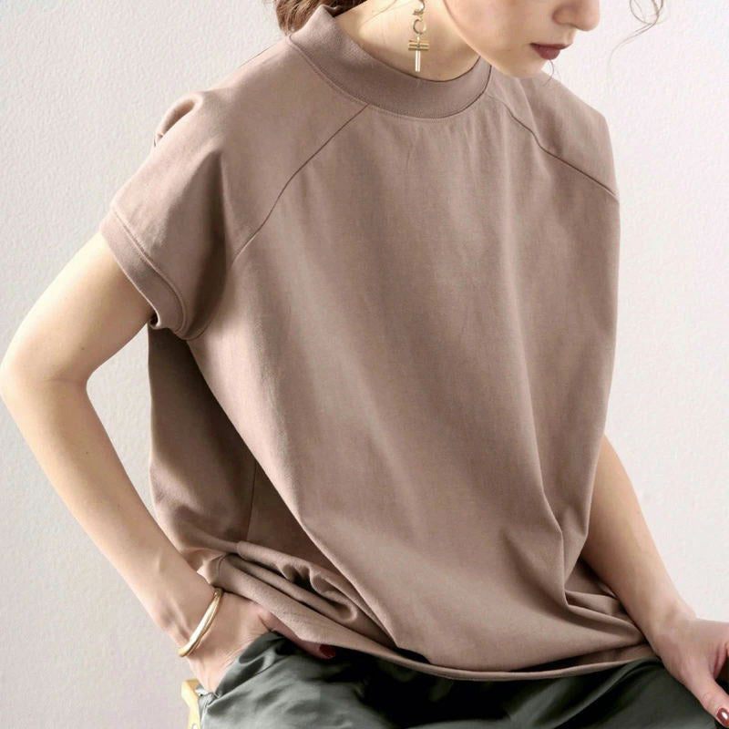 Women's Half Turtleneck Short Sleeve Cotton Loose