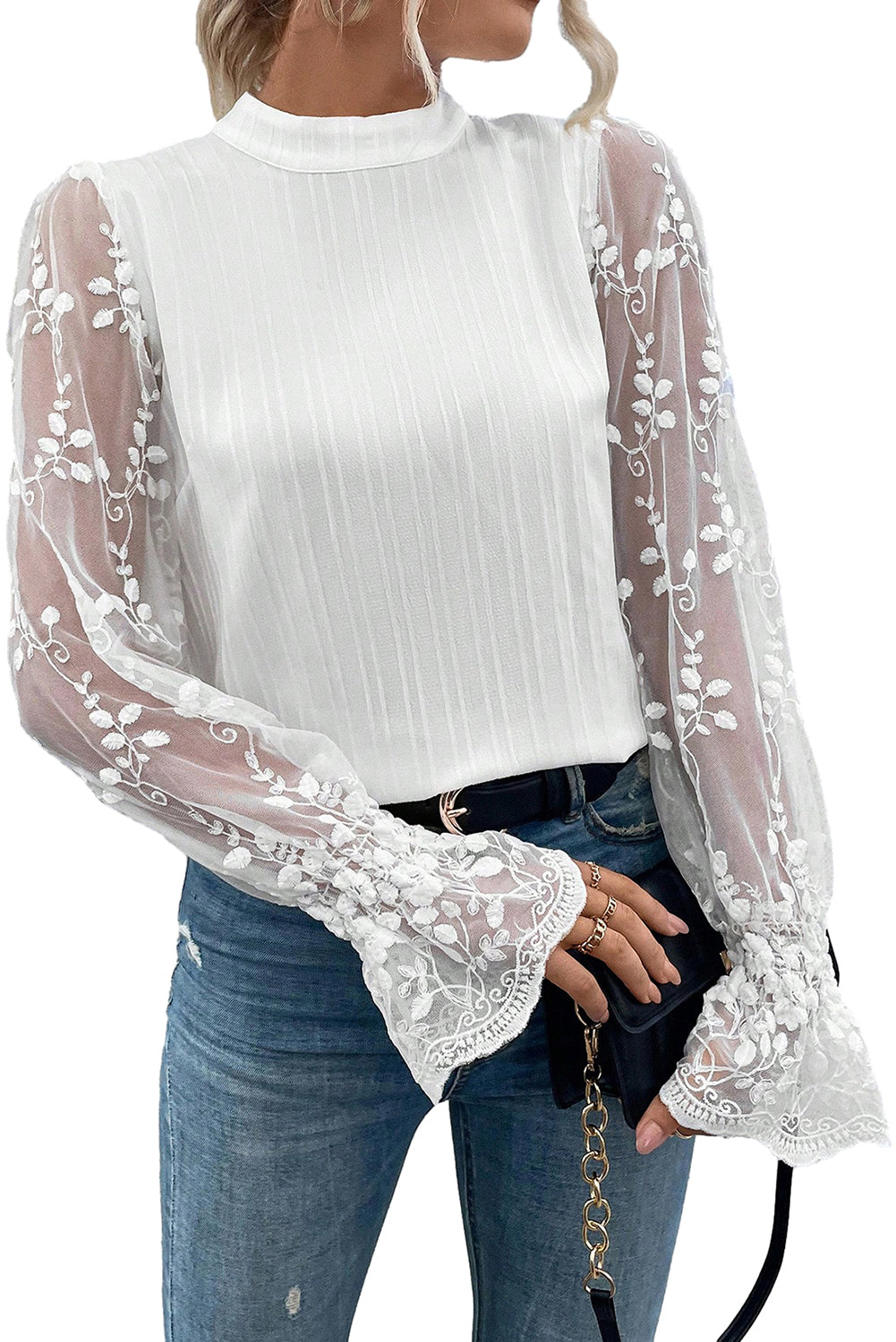 Apricot Pink Contrast Lace Sleeve Mock Neck Textured Blouse