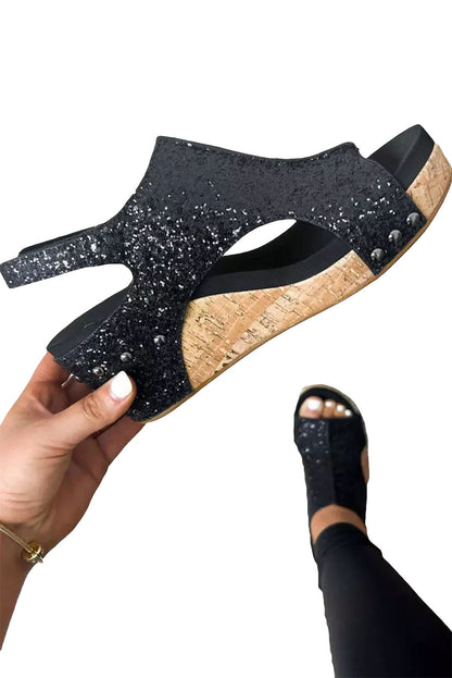 Sandalias con cuña de lentejuelas ahuecadas con hebilla negra 