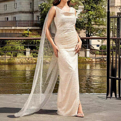 Apricot Mesh Sleeveless Strap Cloak Sequined Long Dress