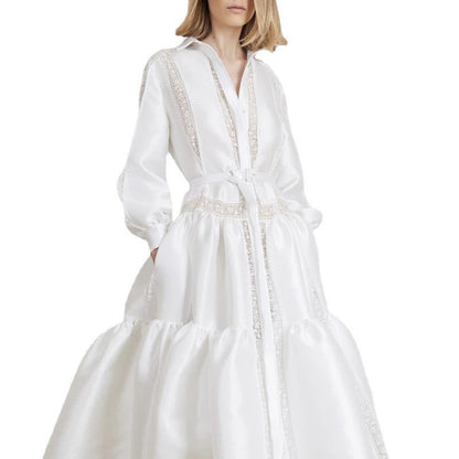 Women's Lace Stitching White Long Sleeve Dress