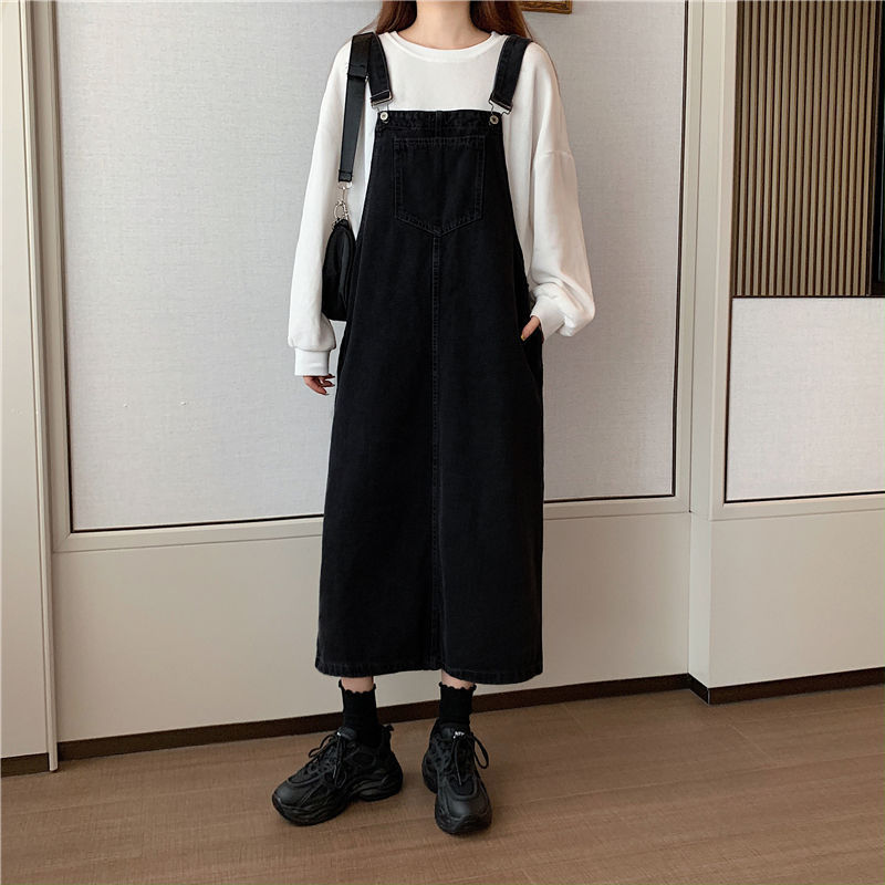 Student Denim Shoulder Strap Spring And Autumn Plus Size Mid-length Sling Dress