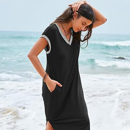 Women's Short-sleeved Dress V-neck Slit Loose