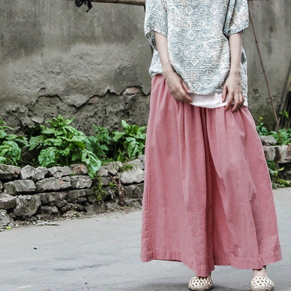 Stylish And Personalized Design Cotton And Linen Loose Big Leg Trousers Retro Elastic Waist