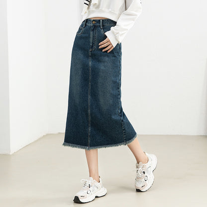 Women's Retro High Waist Raw Hem Denim Skirt