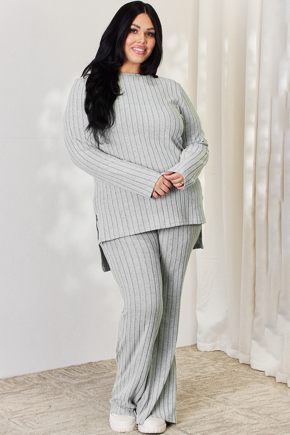 Basic Bae - Ensemble haut-bas côtelé pleine taille et pantalon large