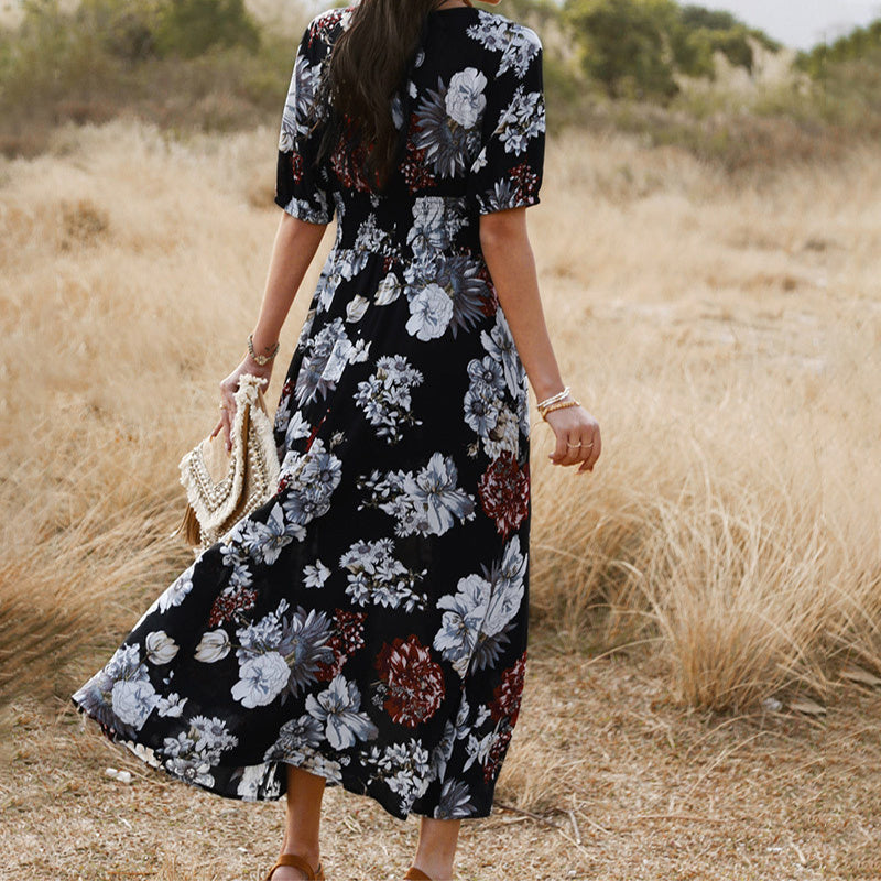 Vestido floral de playa de verano con vestidos de cintura elástica con cuello en V para mujer