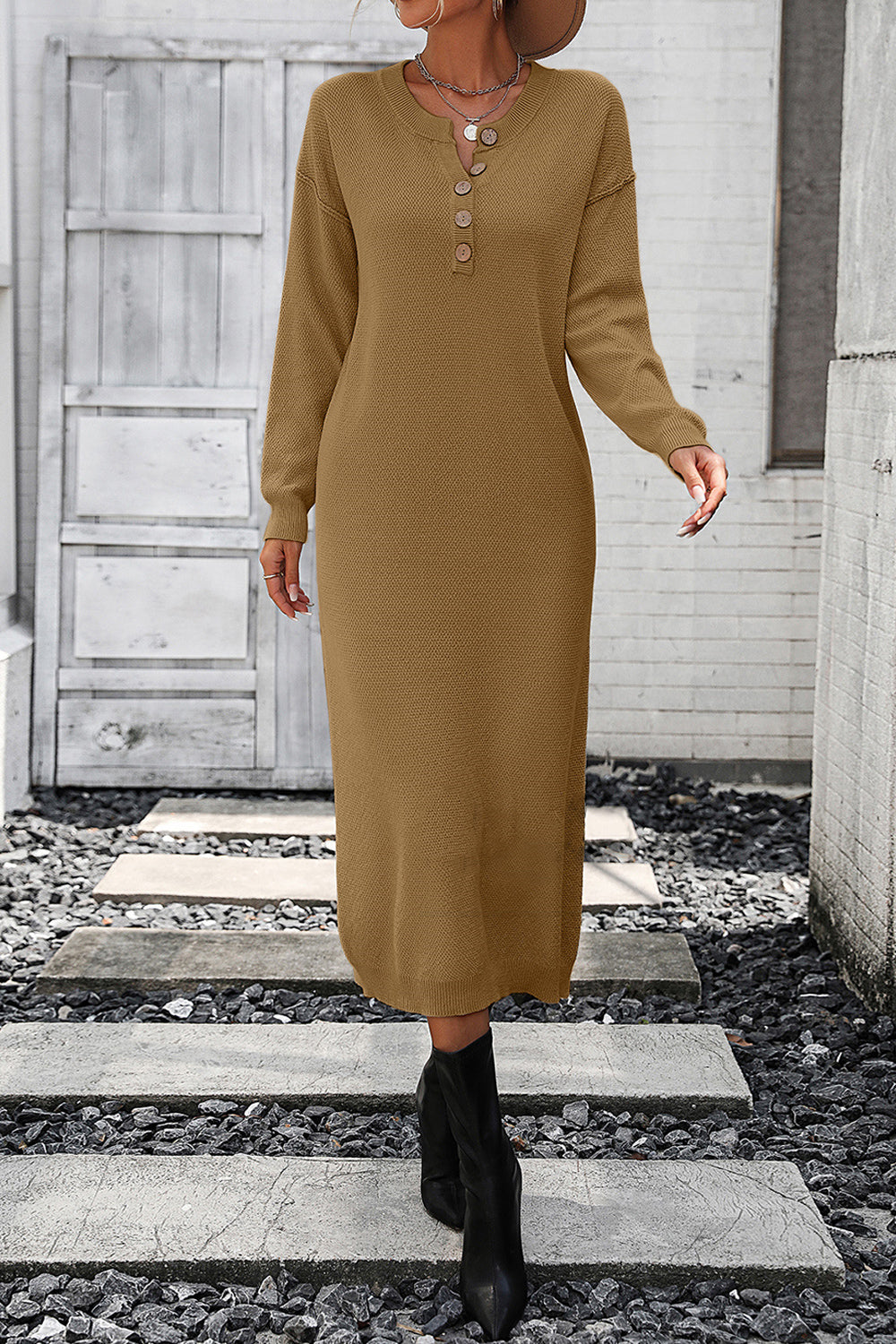 Decorative Button Notched Dropped Shoulder Sweater Dress