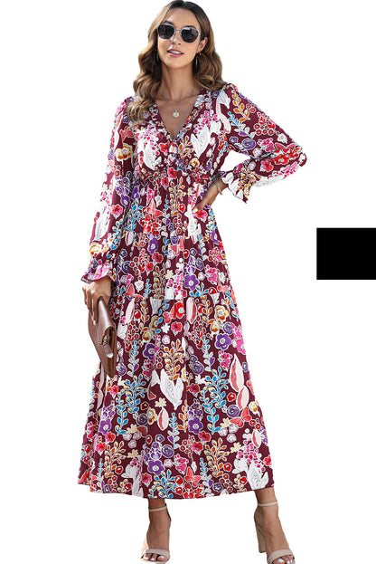 Robe longue violette à imprimé floral et col en V, taille empire