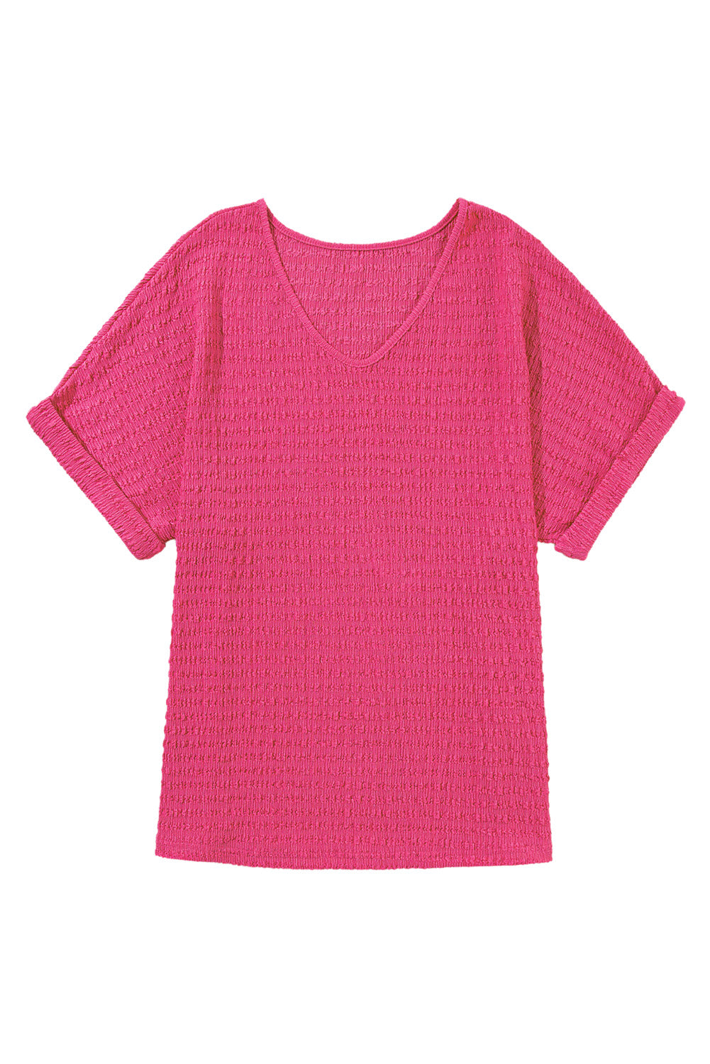 Blusa con cuello en V y manga corta enrollada con textura rosa brillante