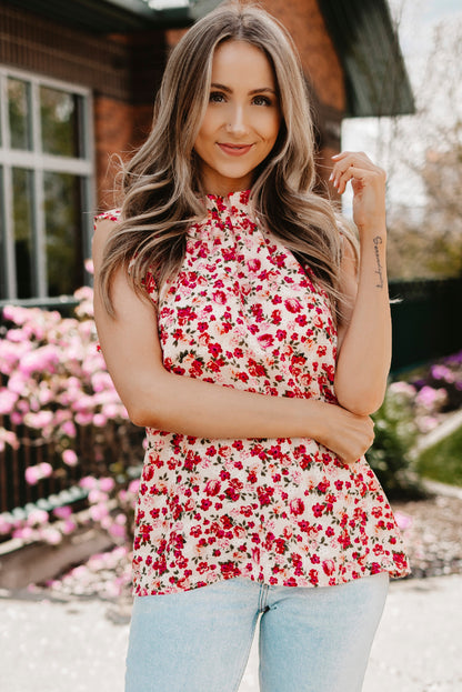 Red Boho Floral Print Ruffled Mock Neck Sleeveless Shirt