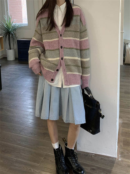 Col en v japonais paresseux Style rétro rayé pull manteau femmes