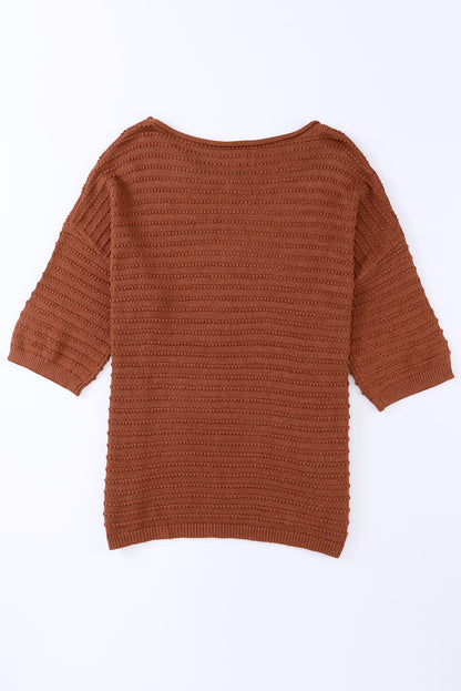 Apricot Casual Solid Rib-Knit Short Sleeve Top