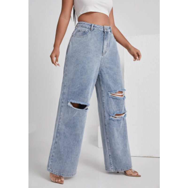 Pantalon droit en denim avec trou taille haute pour femme