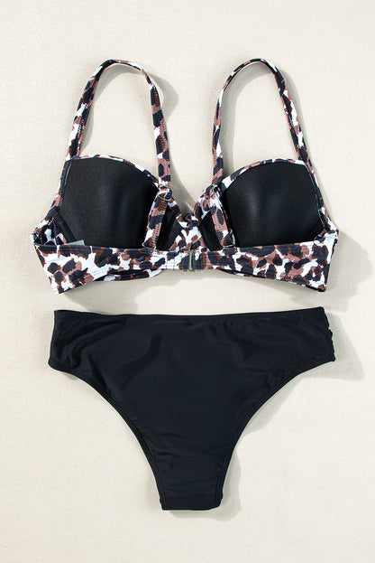 Conjunto de bikini de leopardo con busto retorcido negro