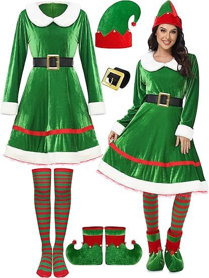 Women's Christmas Elf Clothing Suit Velvet Dress Belt Striped Over The Knee Thigh High Socks