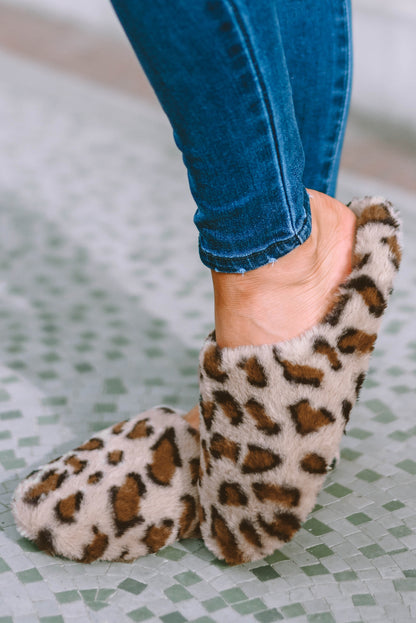 Camel Leopard Print Fuzzy Home Slippers