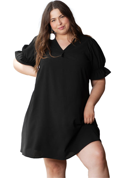 Minivestido liso con volantes, manga abullonada, cuello en V, talla grande, negro