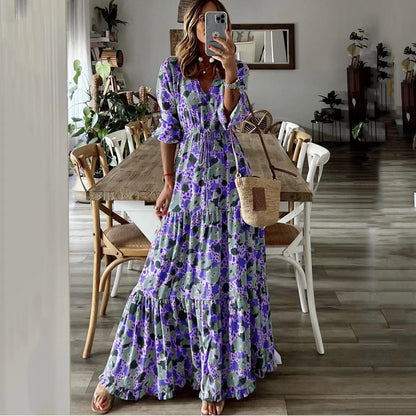 Vestido largo con escote en V y estampado de temperamento europeo y americano para mujer