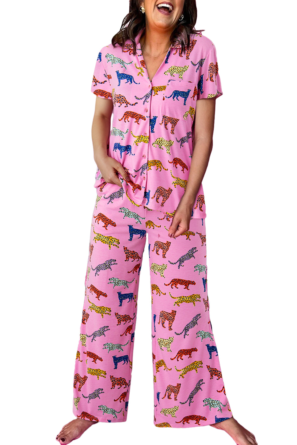 Pink Cheetah Print Short Sleeve Shirt and Wide Leg Pants Pajama Set