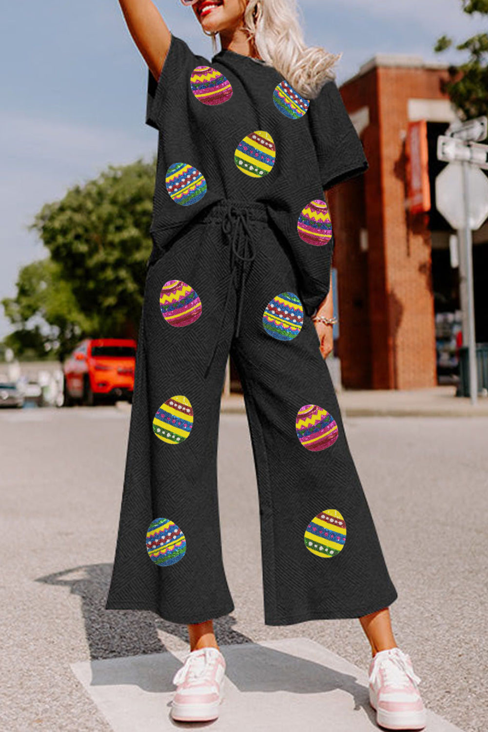 Black Easter Egg Graphic Textured Short Sleeve Wide Leg Pants Set