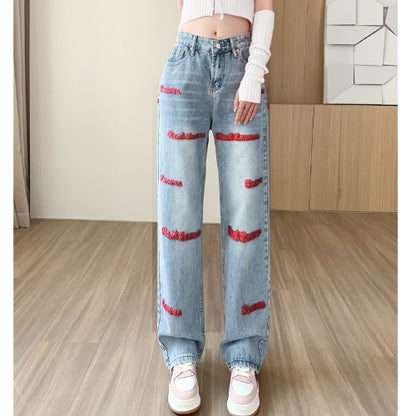 Women's Wide-leg Jeans Embroidered Letters Straight-leg Pants