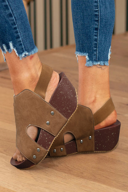 Camel Retro Studded Faux Suede Wedge Sandals