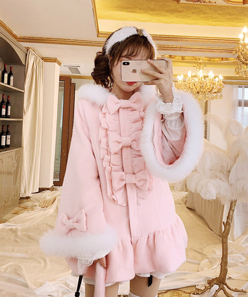 Women's Fox Fur Collar Mid Length Woolen Coat