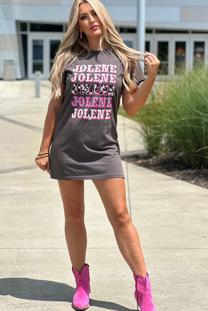 Camiseta tipo túnica con cuello redondo y estampado de letras JOLENE en gris oscuro