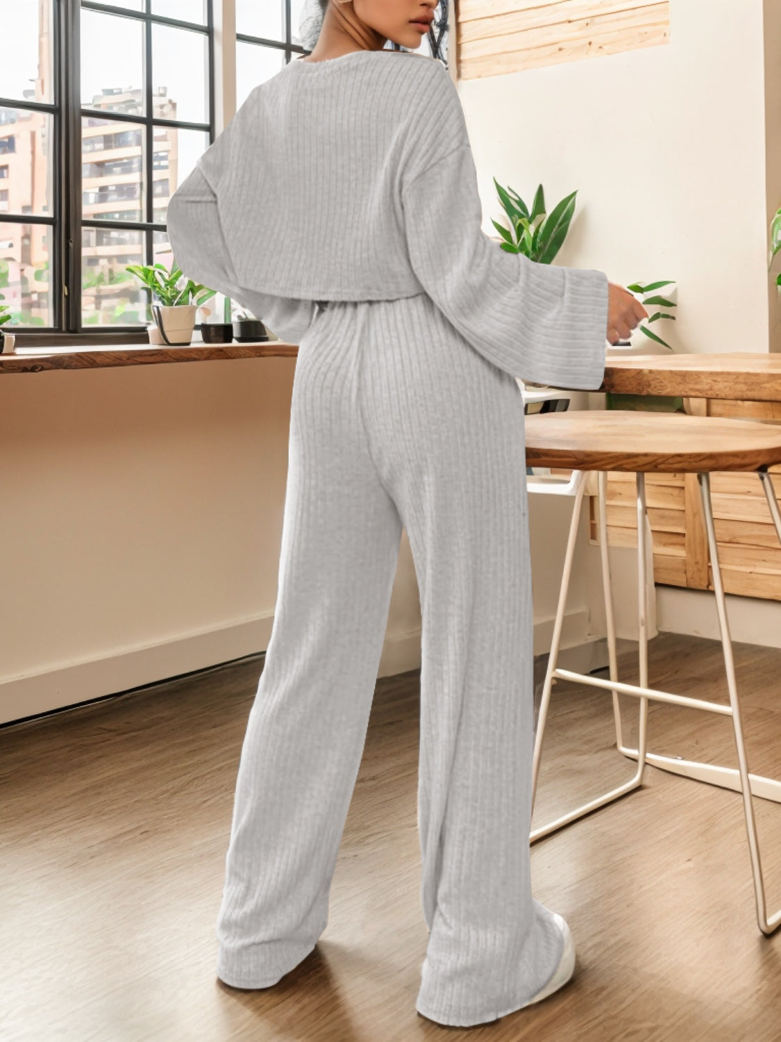 Ribbed Round Neck Top and Drawstring Pants Set