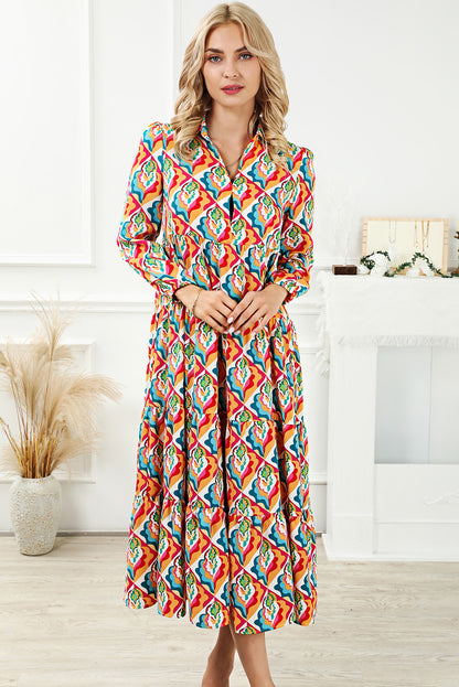 Abstract Geometric Print Long Sleeve High Waist Dress