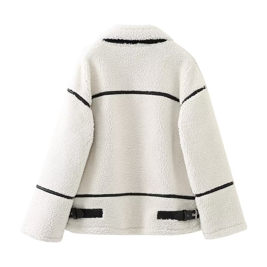 Women's Fashion Loose Patchwork Easy Matching Lambswool Jacket