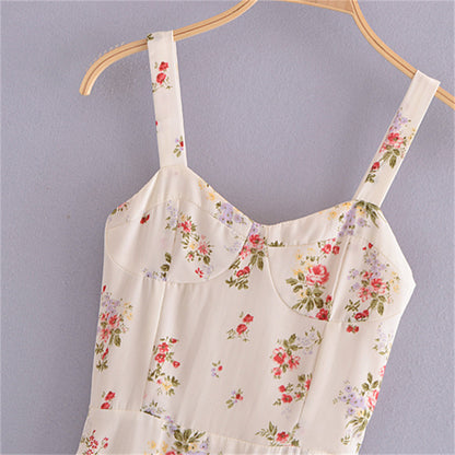 Women's French Style Vintage Small Floral Printed High Waist Slim Fit Slimming Suspenders Dress