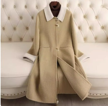 Manteau en cachemire à petit revers pour femme, coupe ample, Style de longueur moyenne