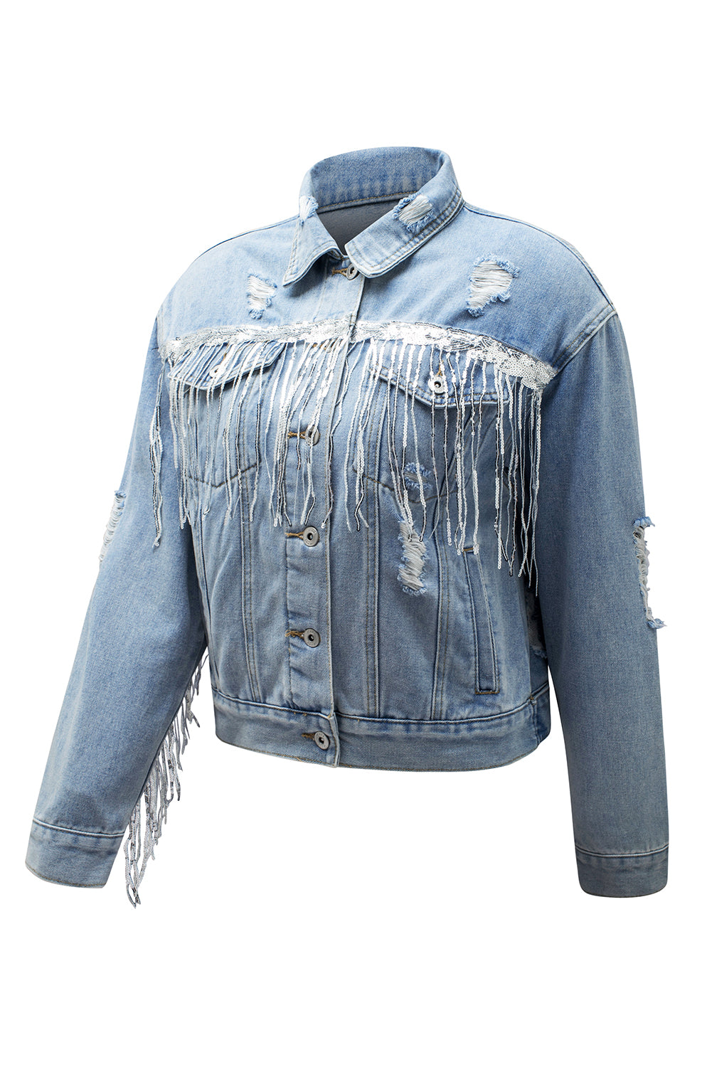 Veste en jean effet vieilli à franges ornées de sequins bleu ciel