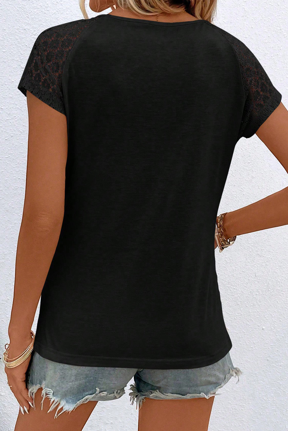 Black Contrast Lace Sleeve Keyhole Decor Top