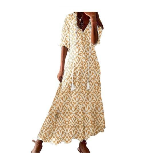 Women's Loose V-neck Bohemian Style Print Dress Mid Waist Long-sleeved Dress