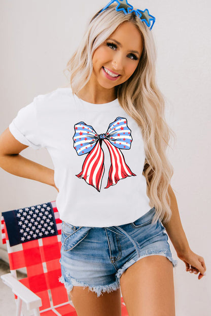 White Stripes and Stars Bowknot Graphic T Shirt