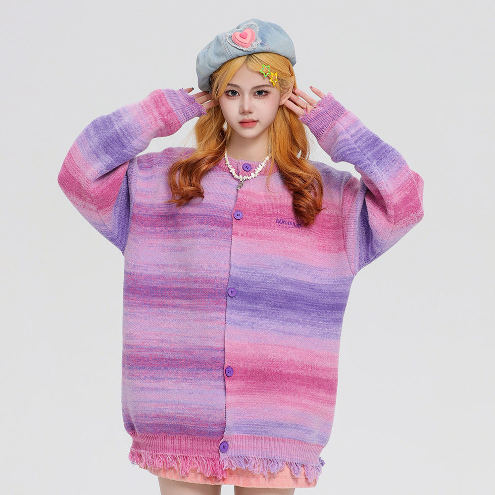 American Retro Color Blooming Gradient Cardigan Sweater