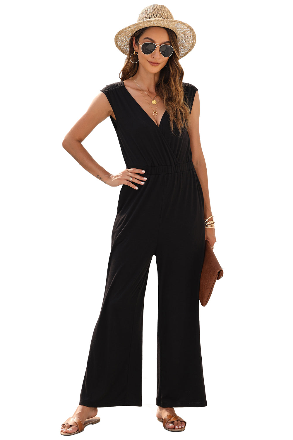 Black Deep V Pleated Crisscross Wide Leg Backless Jumpsuit